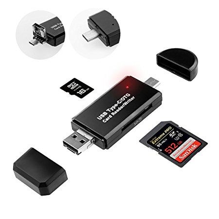 GiBot USB Type C Micro USB SD/ Micro SD Card Reader USB 2.0 Adapter Memory Card Reader for SDXC, SDHC, SD, MMC, RS-MMC, Micro SDXC, Micro SD, Micro SDHC Card and UHS-I Cards for Samsung, Android Smartphone, Macbook and PC Laptop