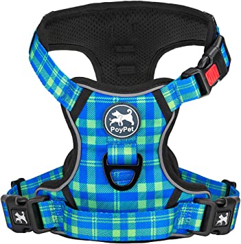 PoyPet No Pull Dog Harness, Reflective Adjustable No Choke Pet Vest with Front & Back 2 Leash Attachments, Soft Control Training Handle for Small Medium Large Dogs(Checkered Blue & Green,S)