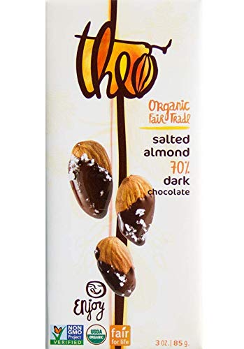Theo Chocolate Organic Salted Almond 70% Dark Chocolate Bar, 3 Ounce Bar, 6 Pack