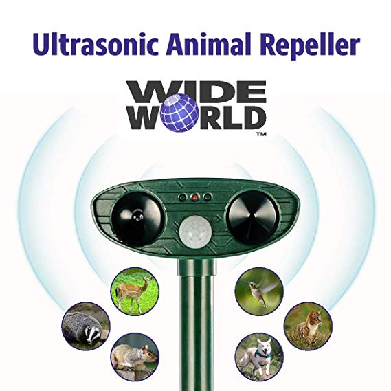 Ultrasonic Pest Repeller by Wide World - Solar Powered Waterproof Outdoor Wild Animal Repellent - Motion Sensor and Powerful Sound for Deer Cat Dog Squirrel Mole Rat Fox Wolf Raccoon - Sound Control