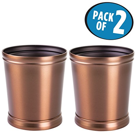 mDesign Decorative Round Small Trash Can Wastebasket, Garbage Container Bin for Bathrooms, Powder Rooms, Kitchens, Home Offices - Pack of 2, Durable Steel in Venetian Bronze Finish and Black Interior