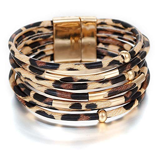 Avenche Leopard Bracelets for Women Metal Pipe Charm Multilayer Wide Leather Wrap Bracelet
