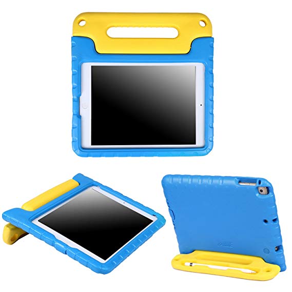 HDE Kids Case for iPad Air 1 and 2 - Shockproof Bumper Kid Friendly Cover w/ Adjustable Handle Stand (Blue Yellow)