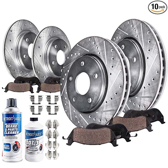 Detroit Axle - Front and Rear Drilled and Slotted Disc Brake Rotors w/Ceramic Pads w/Hardware & Brake Cleaner & Fluid for 2007 2008 2009 2010 2011 2012 2013 2014 2015 2016 2017 Jeep Wrangler