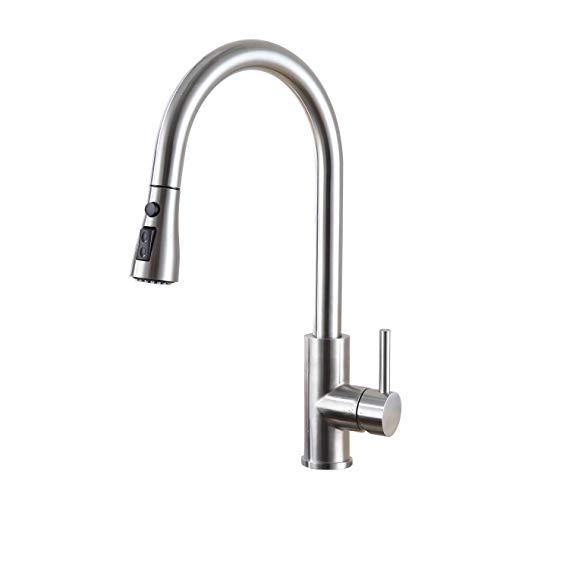 Bulife Kitchen Faucet with Pull-Down Sprayer, Single Handle High Arc Lead Free Stainless Steel, Pull Out Brushed Nickel Spray Head, Modern Kitchen Sink Faucet(Without Deck Plate)