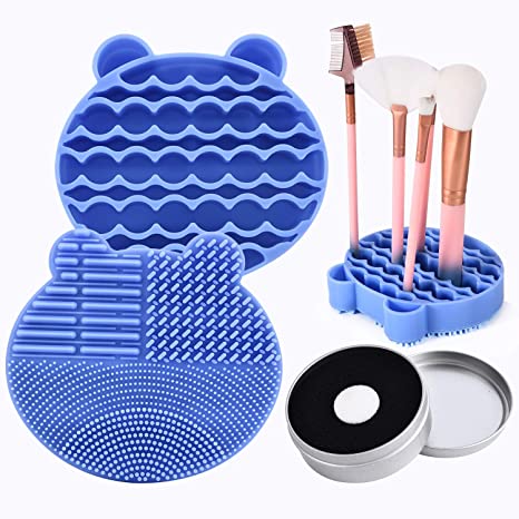 Silicon Makeup Brush Cleaning Mat with Brush Drying Holder Brush Cleaner Mat Portable Bear Shaped Cosmetic Brush Cleaner Pad Makeup Brush Dry Cleaned Quick Color Removal Sponge Scrubber Tool (Blue)