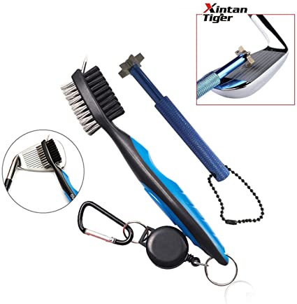 Xintan Tiger Golf Tool Set -Retractable Golf Club Brush and 6 Heads Golf Club Groove Sharpener.Perfect Gift for Golfers-Practical Sharp and Clean Kits for All Golf Irons(Blue)