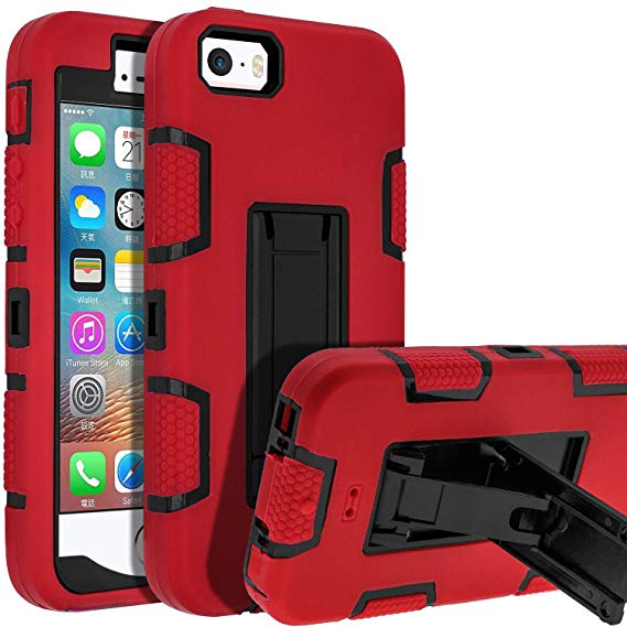 5s iPhone Case,iPhone SE Case,iPhone 5 Case,SENON Slim-fit Shockproof Anti-Scratch Anti-Fingerprint Kickstand Protective Case Cover for Apple iPhone SE/5S/5, Red