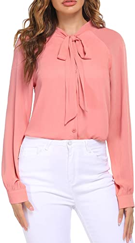 ACEVOG Women Bow Tie Neck Blouses Casual Tops Long Sleeve Button Shirts XS-XXL