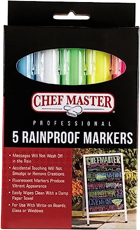 Chef-Master 90032 Waterproof Markers | 5 Different Vibrant Colors | Safe for Use on Outdoor Menu Signs | Smudge-proof & Rainproof Marker Pens | Easily Cleans with a Damp Cloth