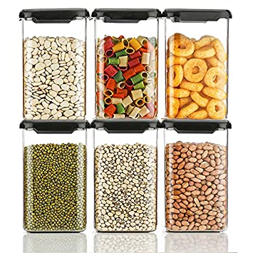 NEXIUM Square Shape Container, Easy Flow Cereal Dispenser plastic & glass Storage Jar, Dabba, Box for Kitchen 1100ml, Airtight Container (Pack of 6, Black)