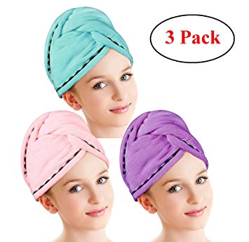 Hair Drying Towels, Fast Drying Hair Cap, Long Hair Wrap,Super Absorbent Twist Turban,Microfiber Bath Shower Hair Towel Twist with Buttons (Blue Pink Purple-3 Pack)