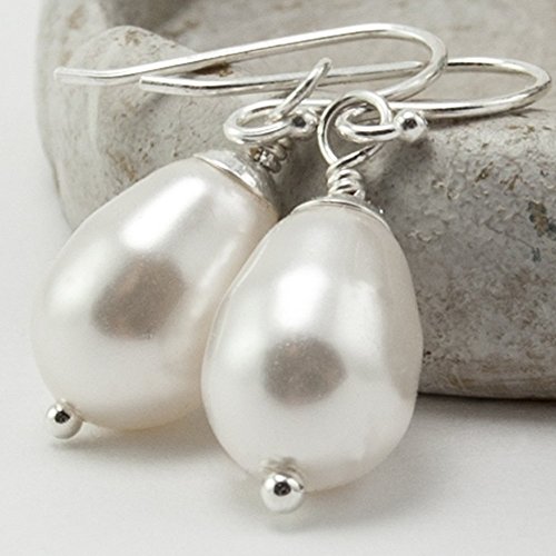 Sterling Silver Teardrop Earrings made with White Simulated Pearls from Swarovski, Wedding Jewelry