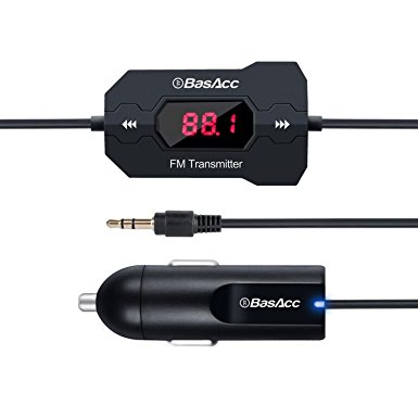 BasAcc In Car Universal Wireless FM Transmitter with Hands-Free Function & USB Travel Car Charger for Apple iPhone 7/ 7 Plus, Tablets, MP3 MP4 and Any Audio Player with 3.5mm Audio Jack (Black)