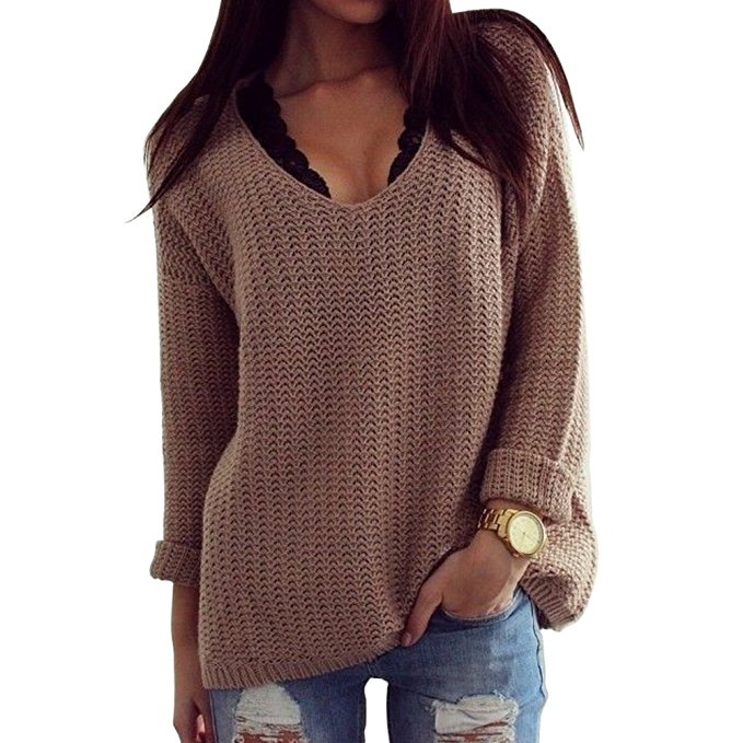 Merryfun Women's Hollow Knit V-Neck Blouse Pullover Loose Tops Sweater