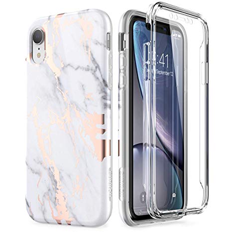 SURITCH Case for iPhone XR, [Built-in Screen Protector] Gold Marble Full-Body Protection Shockproof Rugged Bumper Protective Cover for iPhone XR 6.1 Inch (Gold Marble)