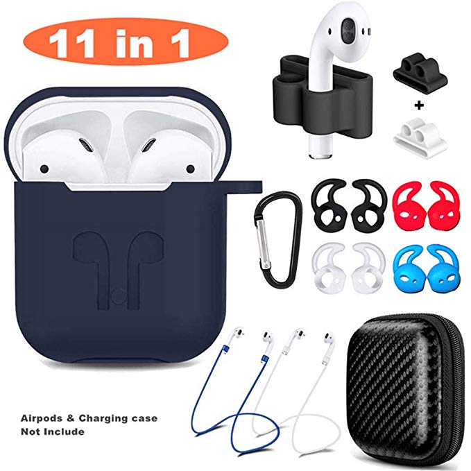 Airpods Case, 11 in 1 Airpods Accessories Kit, Protective Silicone Cover Skin Compatible Apple Airpods Anti-Lost Airpods Strap,Airpods Ear Hook/Watch Band Holder/Keychain/Headset Box/ (Blue)