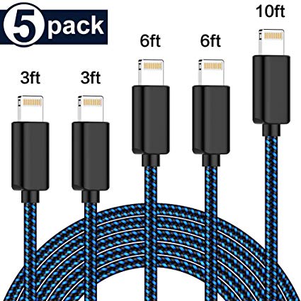 5 Pack [3/3/6/6/10FT] GEJIN MFi Certified iPhone Charger Lightning Cable，Extra Long Nylon Braided USB Charging & Syncing Cord Compatible iPhone Xs/Max/XR/X/8/8Plus/7/7Plus/6S/6S Plus/SE/iPad