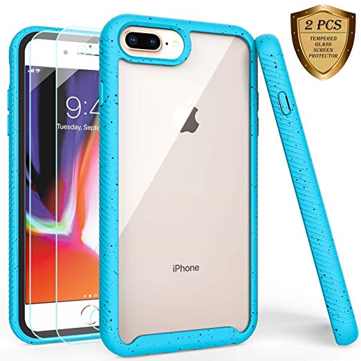 iPhone 7 Plus Case,iPhone 8 Plus Case with Tempered Glass Screen Protector [2 Pack],LUCKYCAT Shockproof Clear Multicolor Series Bumper Cover for 5.5 Inch Apple iPhone 6/6s/7/8 Plus-Blue