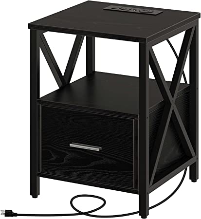 Rolanstar End Table with Charging Station, Side Table with Wireless Charger, USB Port and Power Outlet, Farmhouse Nightstand Sofa Table with Storage Drawer for Living Room and Bedroom, Black