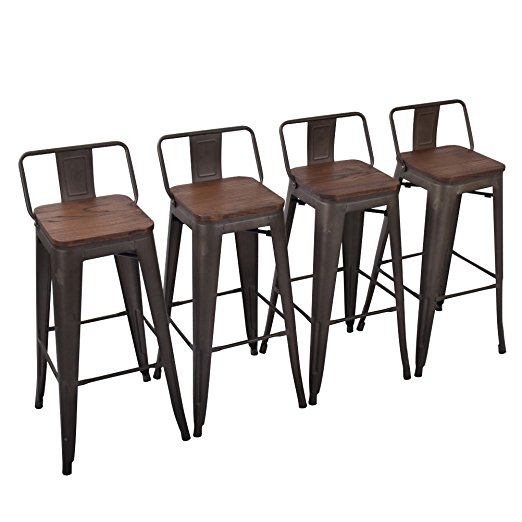 Yongchuang Metal Counter Height Bar Stool for Indoor-Outdoor(Pack of 4) Wood Top Low Back, 30"
