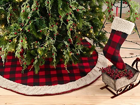 Fennco Styles Buffalo Plaid with Sherpa Border Tree Skirt 56" Round - Red Tree Skirt for Home, Christmas Tree, Holiday Decoration and Special Events