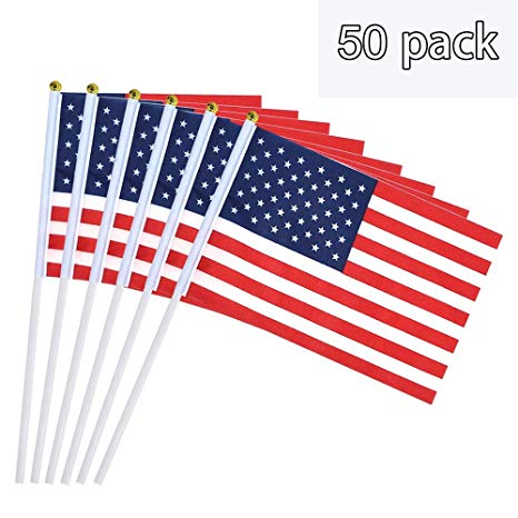 YSJ Stick Flag with Ball Tip American Flag on Stick Handheld Stick Flags for 4th July, 50 Pack