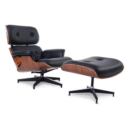 Giantex Eaze Palisander Wood Top Grain Black Italian Leather Lounge Chair and Ottoman Set with Metal Base