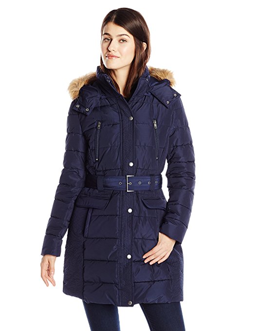 Tommy Hilfiger Women's Down Coat with Faux Fur-Trim Hood and Striped Belt