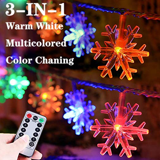 Lumsworld 25Ft 50 LED Snowflake Christmas Lights Battery Operated, Mulitcolor Changing Christmas Tree Lights with Remote, Christmas Snowflake Lights for Christmas Wedding Bedroom Curtain Room Patio