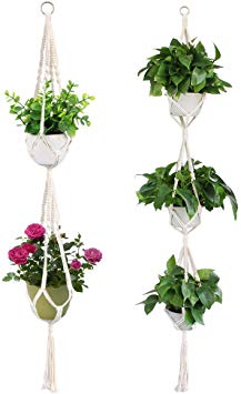 Yotako Macrame 3 Tire Plant Hanger and Macrame Double Planter Flower Pot Hanging Plant Holder for Outdoor Indoor Decoration 4 Legs 70 Inch 59 Inch