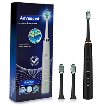 Electric Toothbrush Plaque Control Sonic Electric USB Rechargeable 5 Optional Modes XIP7 Waterproof for 2 Replacement Heads（Black）