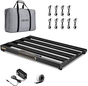 LEKATO Pedalboard, Pedal Board with Built-in Power Supply, 19x12.2x1.8" 2.97LB, Aluminium Alloy Guitar Pedal Board with Carry Bag, Pedal Cables, Adhesive Hookside Tape