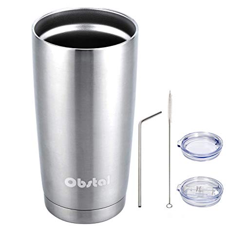 Obstal Insulated Coffee Tumbler Stainless Steel Double Wall Vacuum with Stainless Straw, 2 Clear Lids & Cleaning Brush for Office (20oz, Silver)