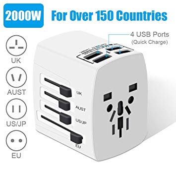 Travel Adapter, 2000W International Power Adapter, All in One Universal Power Adapter with 4 Quick Charge USB 3.0 Ports, for UK, EU, AU, US, Over 150 Countries (White)