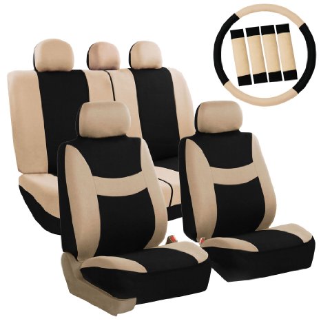 FH-FB030115-COMBO FH Group Light & Breezy Beige/Black Cloth Seat Cover Set Airbag & Split Ready- Fit Most Car, Truck, Suv, or Van
