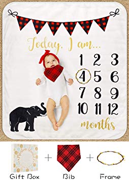 Baby Monthly Milestone Blanket for Boy Girl, Mom Newborn Baby Shower Gifts, Thick Fleece for Photography Memory   Bib  Frame(Elephant Blanket - with Gift Box)