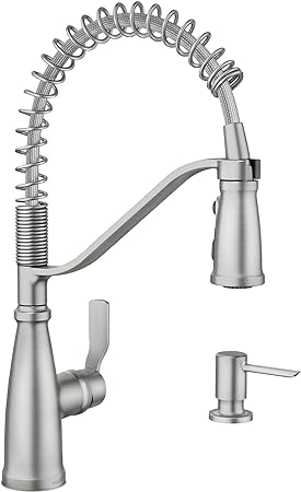 Moen Nolia Spot Resist Stainless One-Handle Pre-Rinse Spring Pulldown Kitchen Faucet, Single Hole Kitchen Sink Faucet with Soap Dispenser, 87886SRS