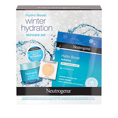 Neutrogena Hydro Boost Winter Gift Set with Hyaluronic Acid Gel Cream, Sheet Face Mask, Overnight Gel Mask, and Lip Treatment, Moisturizing Holiday Gift Set Women, 4 Items