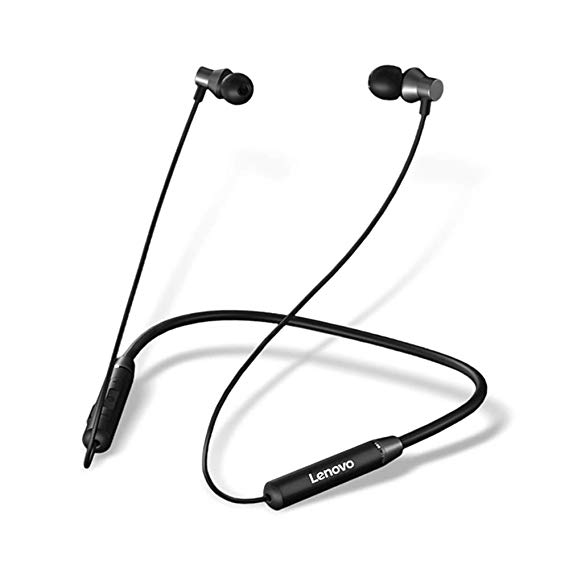 Lenovo HE05 Wireless Bluetooth Neckband Earphone, Bluetooth 5.0 Earbuds in-Ear Deep Bass Headphones, Waterproof Sweatproof Magnetic Earphones with Mic (12 Hours Play Time, Cvc6.0, IPX6) (Black)