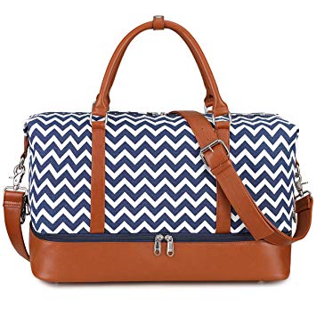 S-ZONE Women Ladies Canvas Weekender Bag Overnight Carry-on Duffel Tote Bag with PU Leather Strap (Blue Wave Strips with Shoe Compartment)