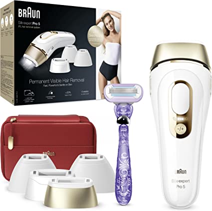 Braun IPL Silk-Expert Pro 5, Permanent Visible Hair Removal with Pouch, 1 Wide and 2 Precision Heads and Venus Razor, Alternative for Laser Hair Removal, Gift for Women, PL5387, White/Gold