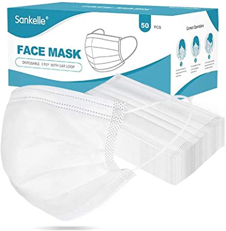 Lagostina 50pcs Adults Disposable Face Masks for Men Women, 3 Layers of Breathable and Comfortable Elastic Ear Loop Facial Masks for School Office Factory(White)