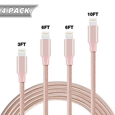 Besiva Lightning Cable, iPhone Charger 4Pack [ 3FT 6FT 6FT 10FT ] Nylon Braided Lightning to USB Charger Cable for iPhone X/iPhone 8/8 Plus/7/7 Plus/6s/6s Plus/6/6 Plus/5/5S/5C/SE/iPad/iPod Nano, sd6
