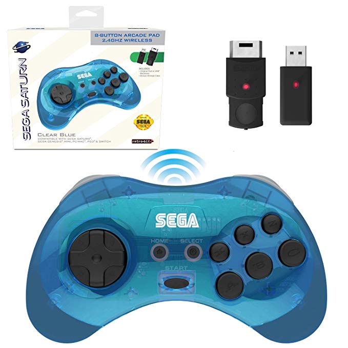 Sega Saturn Clear Blue 8-Button 2.4 GHz Wireless Arcade Pad [Retro-Bit]