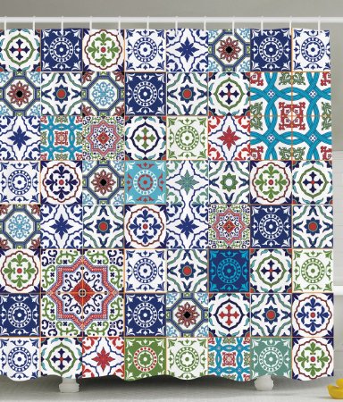 Patchwork Decor Theme Mosaic Ceramic View Moroccan Tile Traditional Bath Decorations Art Print Eastern Style Polyester Fabric Shower Curtain Navy Green Burgundy Red Brown Teal