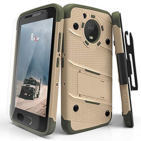 Zizo Bolt Series Compatible with Motorola Moto e4 Plus Case Military Grade Drop Tested with Tempered Glass Screen Protector Holster TAN CAMO Green