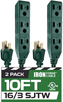 10 Ft Extension Cord 2 Pack - 16/3 SJTW Durable Green Cable with 3 Electrical Power Outlets - Great for Powering Christmas Decorations