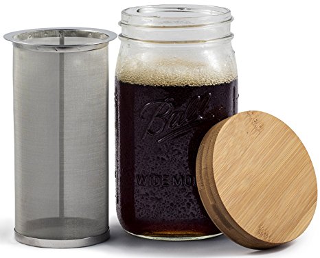 Mason Jar Cold Brew Coffee Maker & Iced Tea Maker | Quart (32oz) | Cold Brew System With Bamboo Lid & Stainless Steel Filter | by Simple Life Cycle