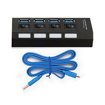 TONSUM 4-Port Super Speed USB 3.0 Hub with Individual On/Off Switches for PC Computer Laptop 5Gb/S With Cable Black